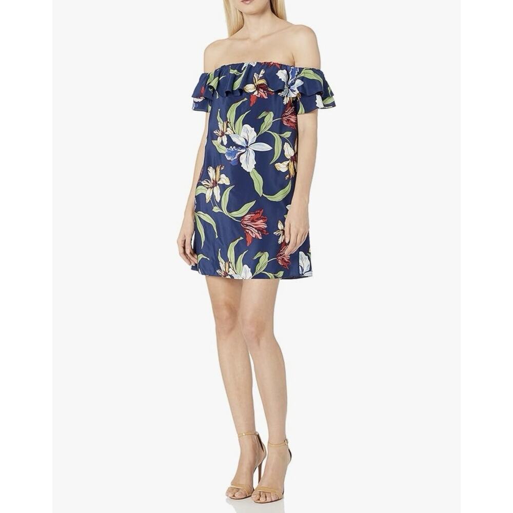 NWT Amanda Uprichard Size Medium 100% Silk Navy Floral Off The Shoulder Mini